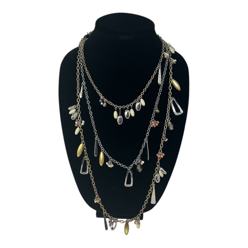 Chico’s Additions Multistrand Beaded Charm Necklace Mixed Metal Layered Boho NWT